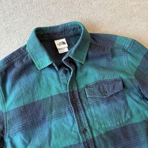 The North Face Shirt Mens S Green/Blue Plaid Flannel Button Up Outdoor